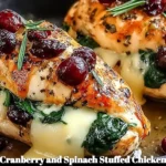 Cranberry and spinach stuffed chicken breasts with brie on a plate