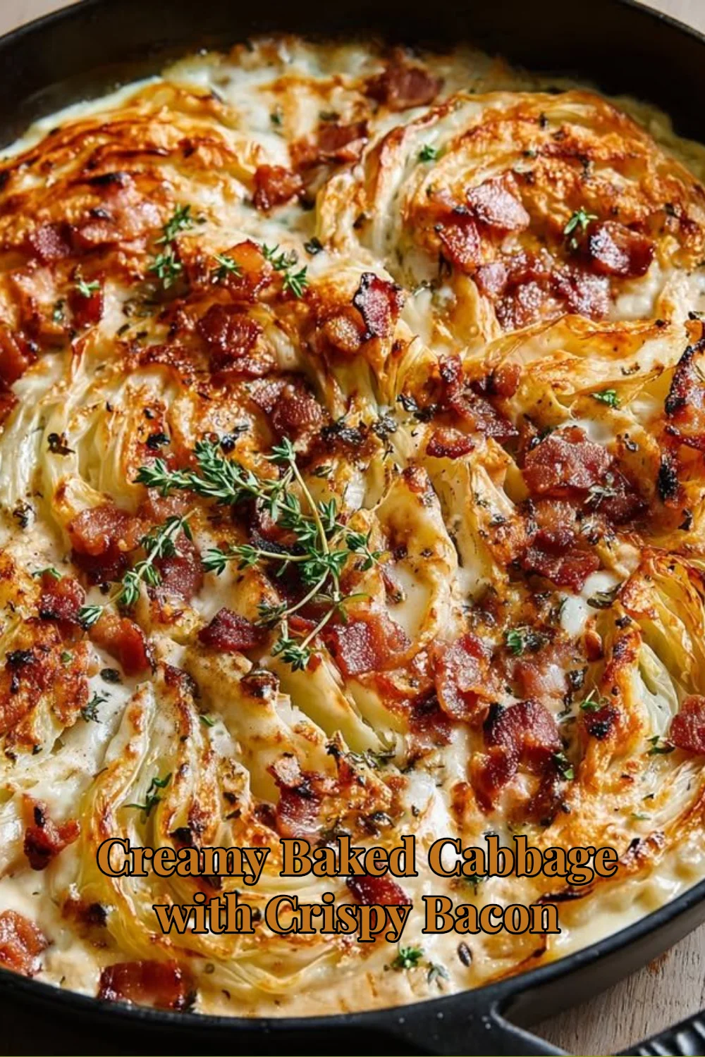 Creamy baked cabbage topped with crispy bacon on a plate