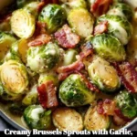Creamy Brussels sprouts topped with garlic, Parmesan cheese, and crispy bacon.
