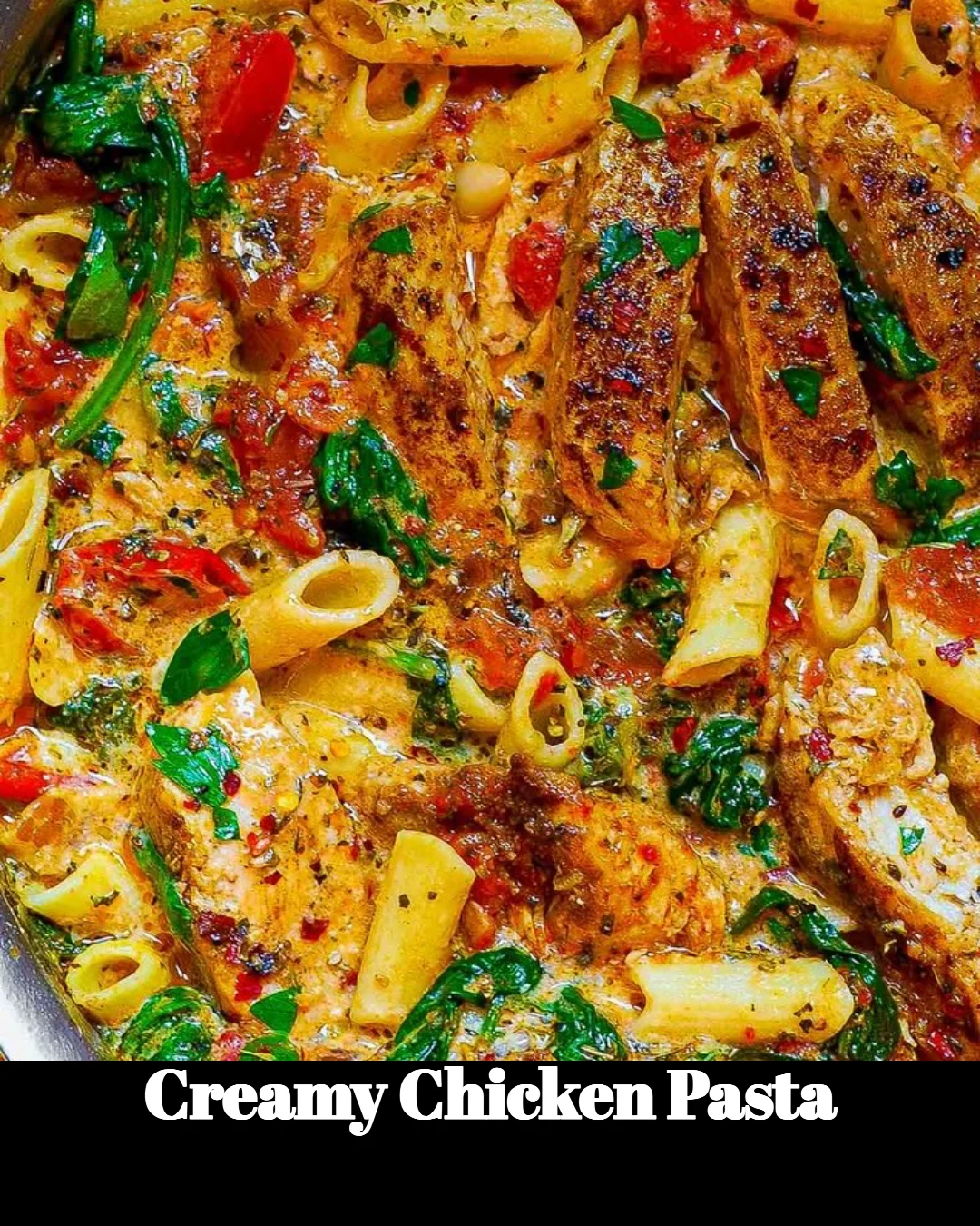 Delicious creamy chicken pasta served in a bowl with herbs and cheese.