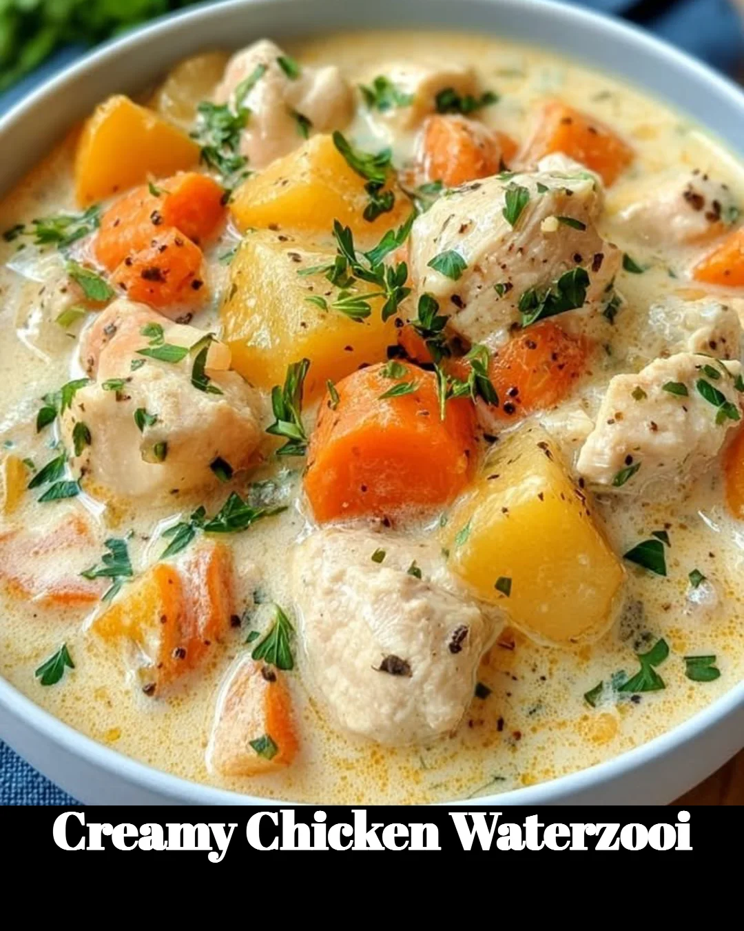 Creamy Chicken Waterzooi dish with vegetables and herbs in a bowl