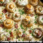 Delicious creamy garlic mushrooms with crispy bacon and Parmesan cheese
