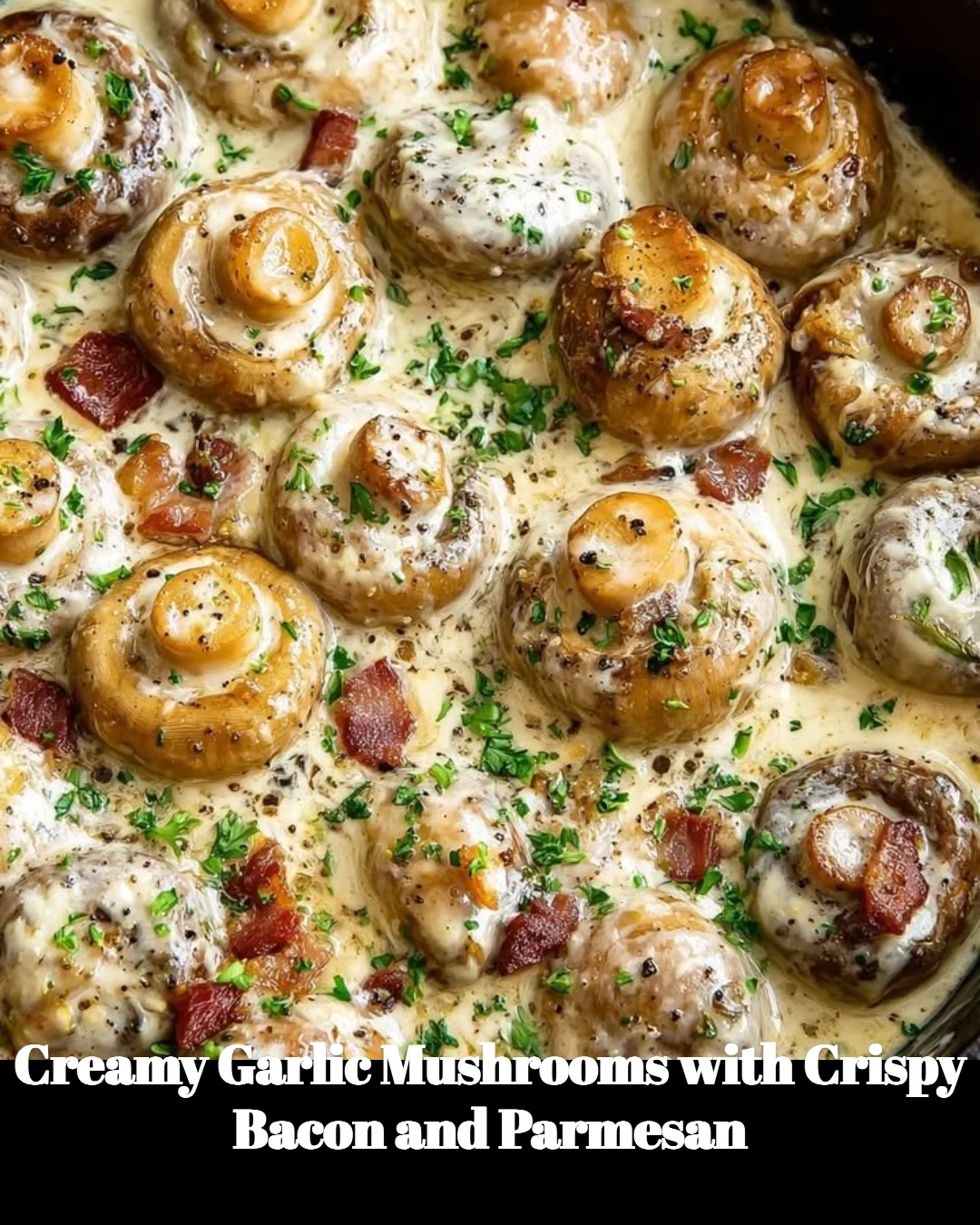Delicious creamy garlic mushrooms with crispy bacon and Parmesan cheese