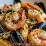 Creamy Garlic Seafood Pasta served in a white bowl with fresh herbs