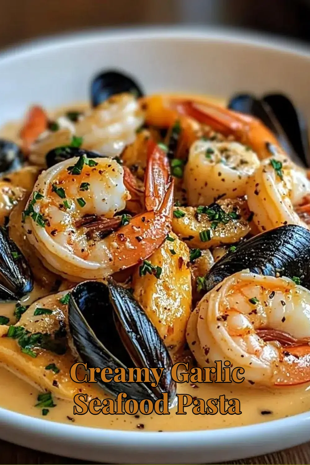 Creamy Garlic Seafood Pasta served in a white bowl with fresh herbs
