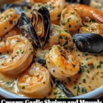 Plate of creamy garlic shrimp and mussels garnished with herbs