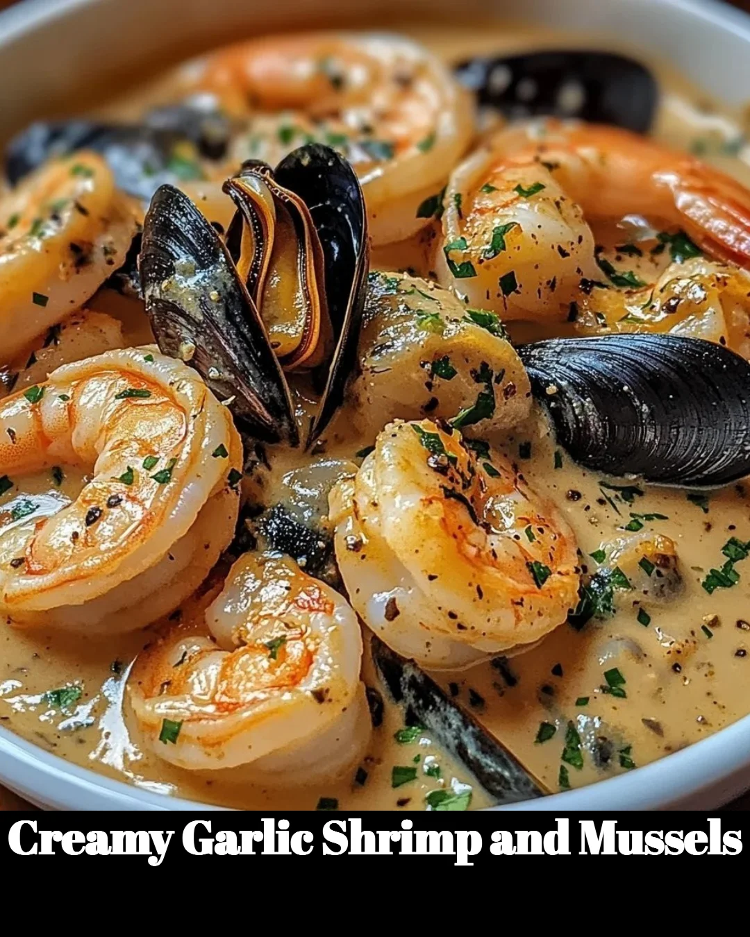 Plate of creamy garlic shrimp and mussels garnished with herbs