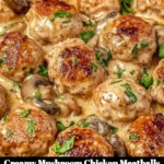 Creamy mushroom chicken meatballs served in a savory sauce