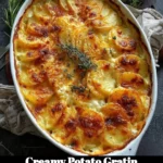 Creamy potato gratin with layers of potatoes and cheese in a baking dish