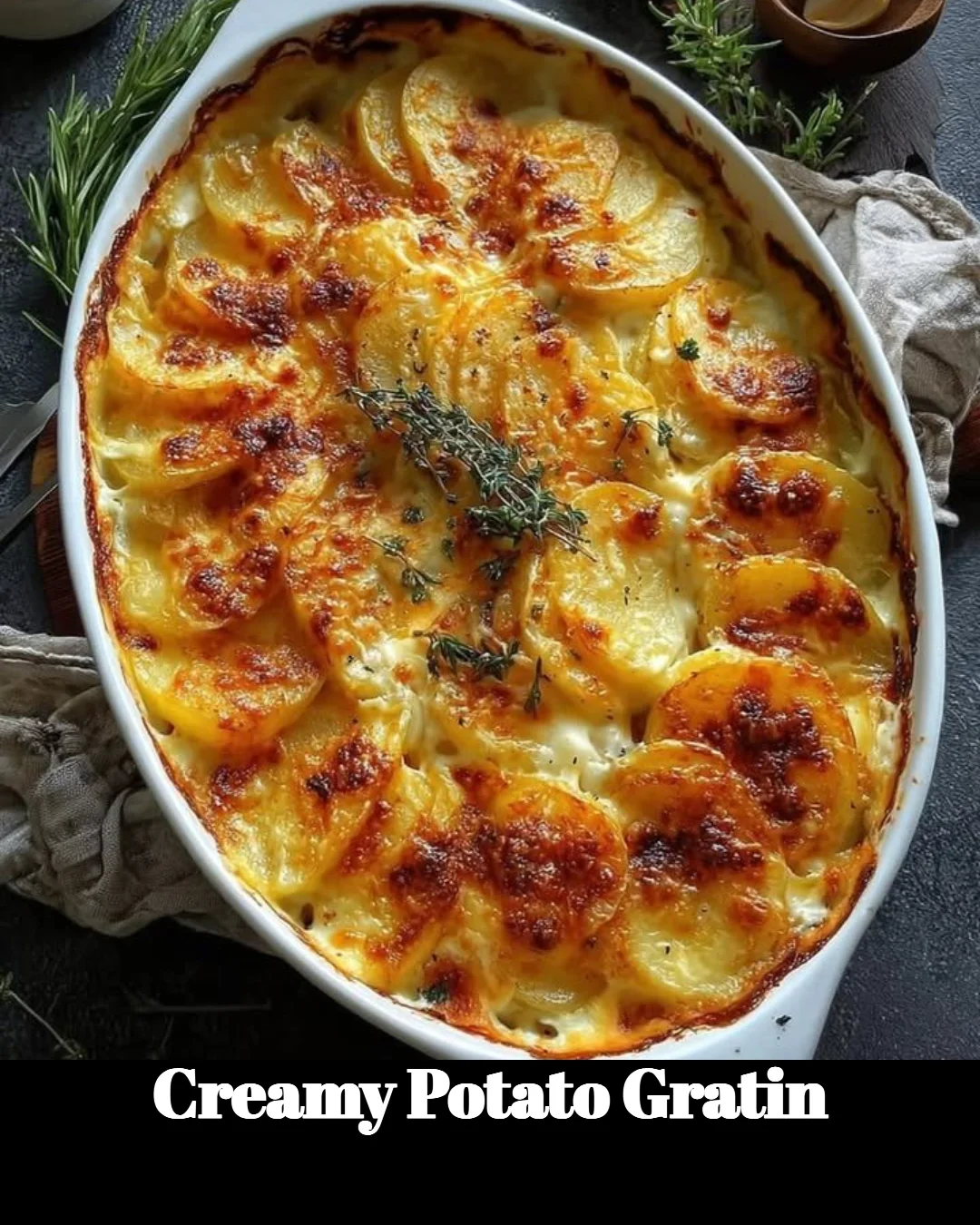 Creamy potato gratin with layers of potatoes and cheese in a baking dish