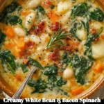 Creamy white bean soup with bacon and spinach in a bowl