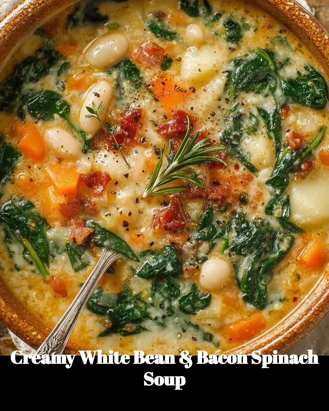 Creamy white bean soup with bacon and spinach in a bowl