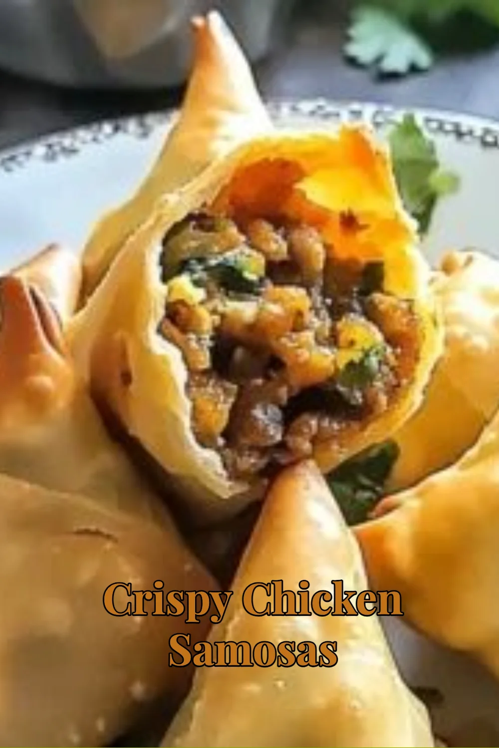 Delicious crispy chicken samosas served on a platter
