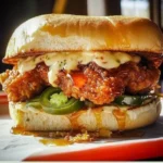 Crispy fried chicken sandwich with jalapeno honey glaze on a rustic plate