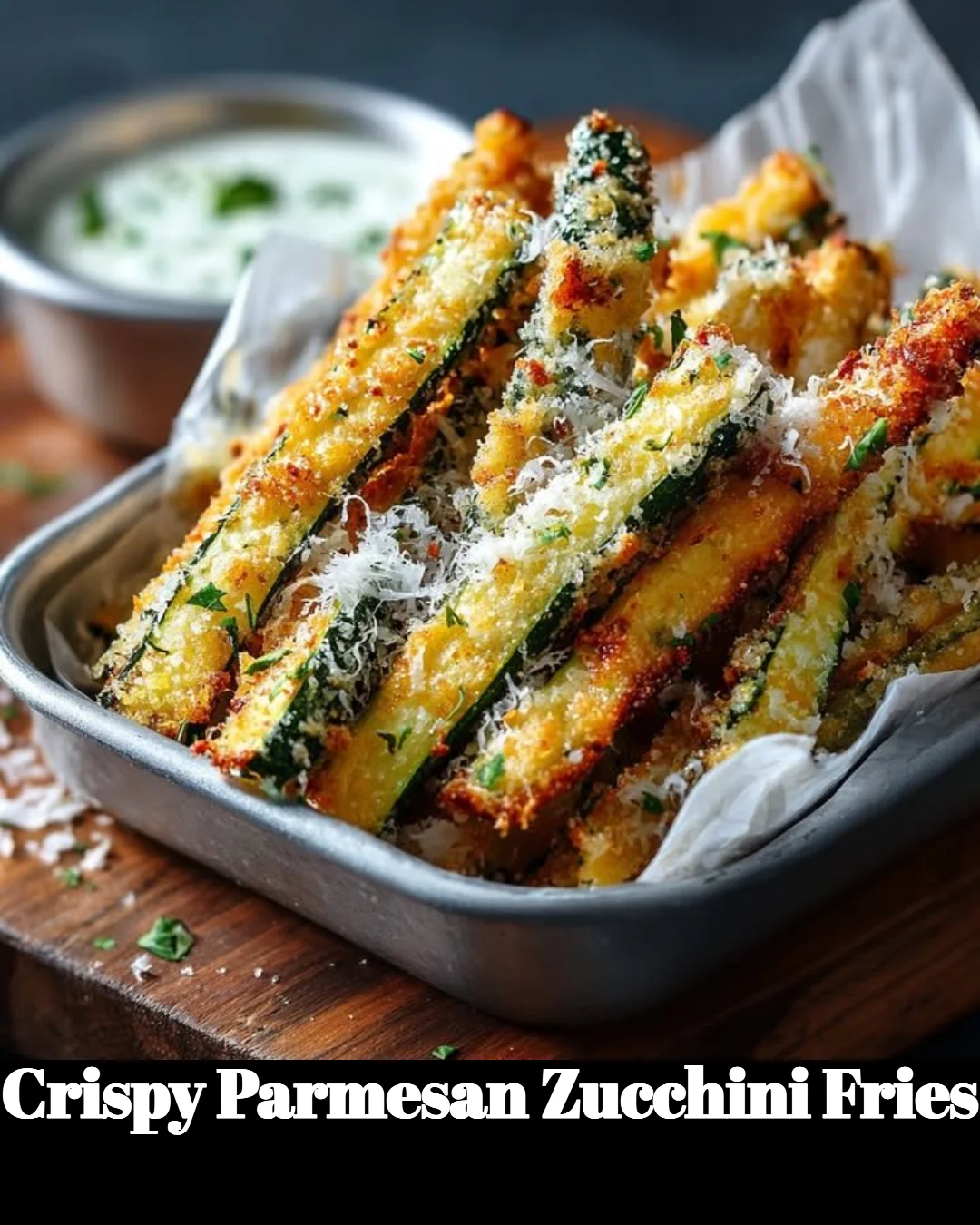 Crispy Parmesan Zucchini Fries served on a plate with dipping sauce