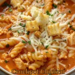 Crockpot Chicken Parmesan Soup served in a bowl, garnished with herbs.