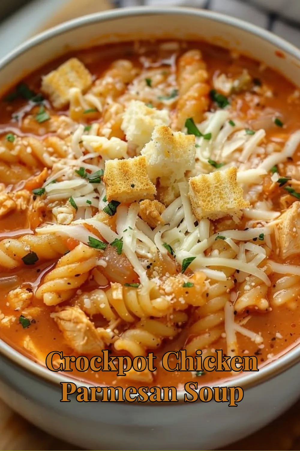 Crockpot Chicken Parmesan Soup served in a bowl, garnished with herbs.