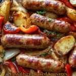 Easy oven-baked sausages with potatoes and peppers on a plate