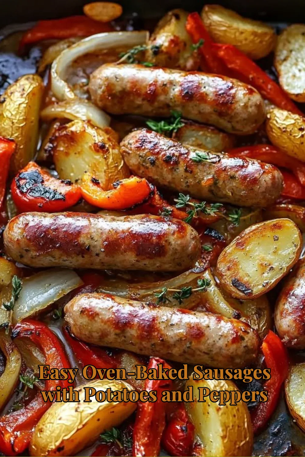 Easy oven-baked sausages with potatoes and peppers on a plate