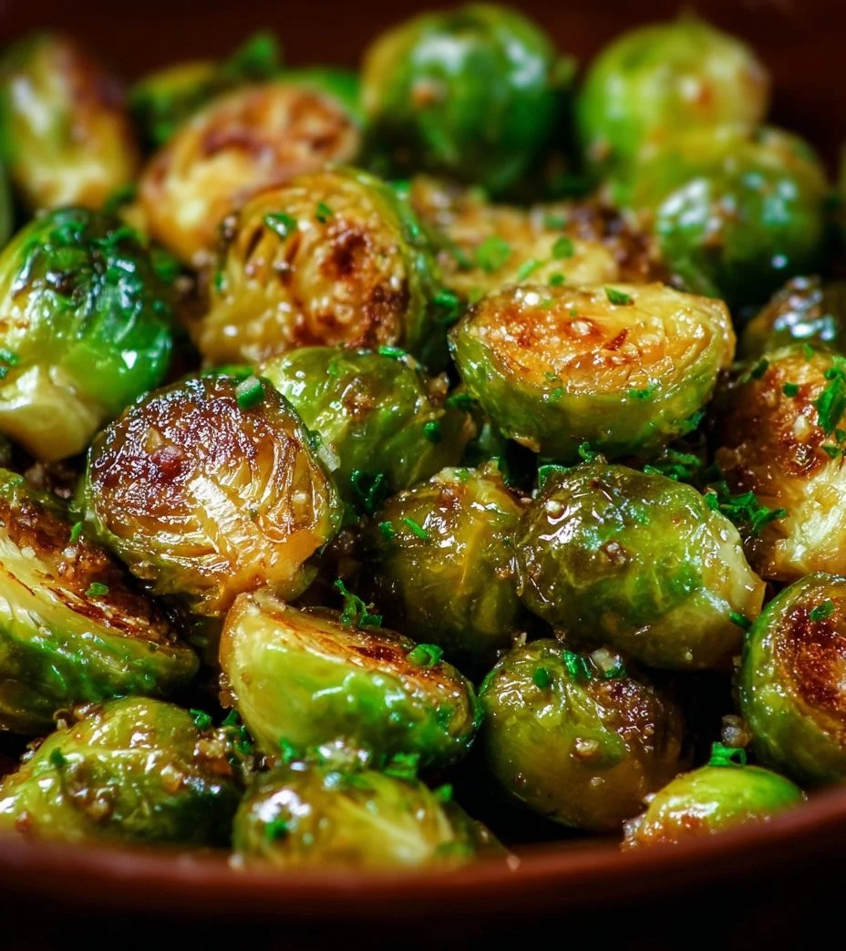 Extra crispy honey garlic Brussels sprouts dish served on a plate