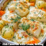 Delicious fish casserole with cream, vegetables, and potatoes baked to perfection