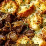 Delicious French Onion Beef Stew with a cheesy bread topping