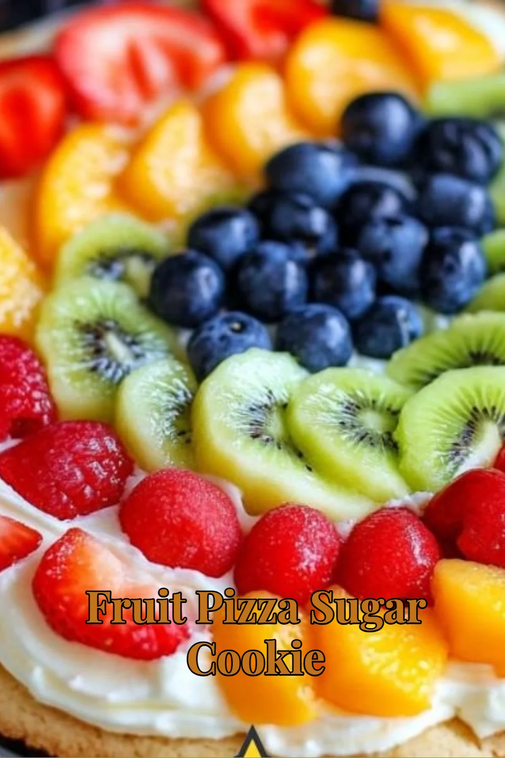 Delicious fruit pizza sugar cookie topped with fresh fruits and cream
