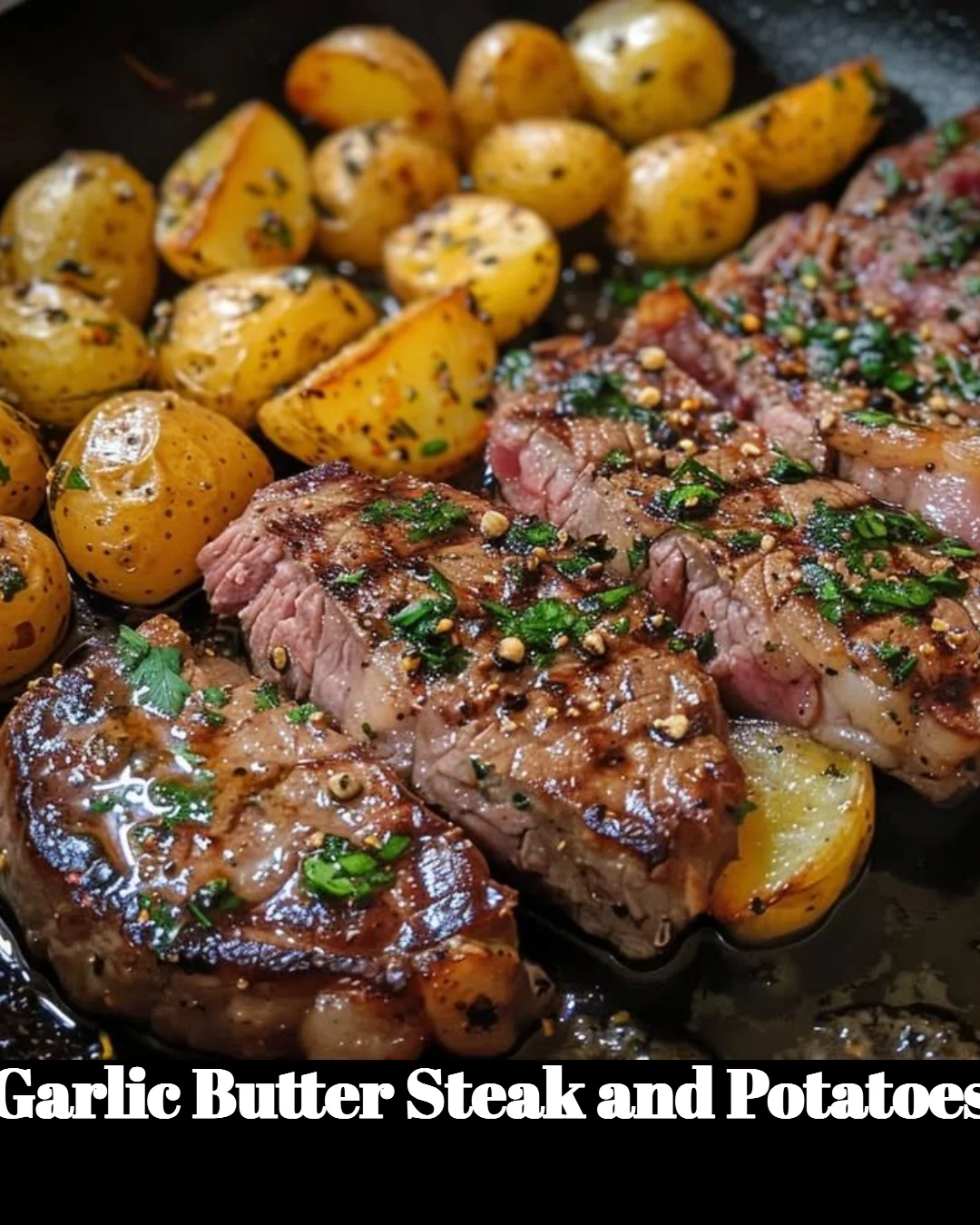 Delicious garlic butter steak served with seasoned potatoes