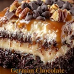 Sliced German Chocolate Poke Cake topped with coconut and pecan frosting.