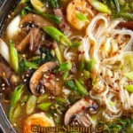Bowl of warm Ginger Shrimp & Mushroom Noodle Soup with fresh ingredients