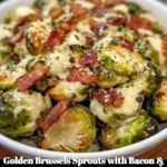 Delicious golden Brussels sprouts with bacon and tangy mustard cream sauce