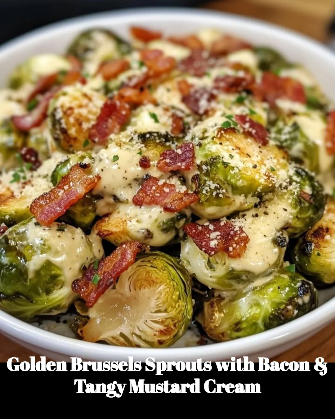 Delicious golden Brussels sprouts with bacon and tangy mustard cream sauce