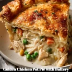 Golden Chicken Pot Pie with Buttery Crust, showing a delicious flaky surface and hearty filling.