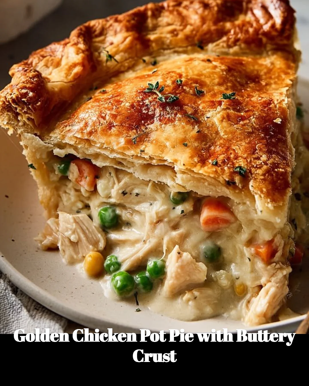 Golden chicken pot pie with a flaky buttery crust served in a bowl.
