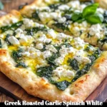 Greek roasted garlic spinach white pizza topped with fresh ingredients