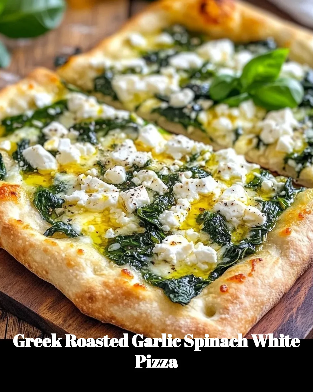 Greek roasted garlic spinach white pizza topped with fresh ingredients