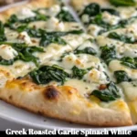 Greek roasted garlic spinach white pizza topped with fresh ingredients