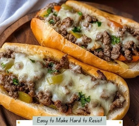 Ground Beef Philly Cheesesteaks served with melted cheese and peppers