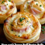 Ham and cheese puff pastry rolls fresh out of the oven, golden and flaky.