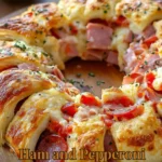 Ham and Pepperoni Crescent Ring baked golden brown with toppings