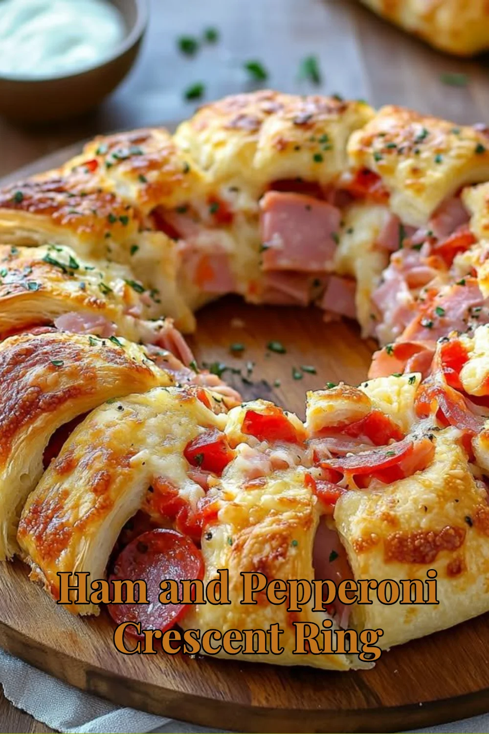 Ham and Pepperoni Crescent Ring baked golden brown with toppings