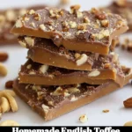 Delicious homemade English toffee with chocolate and nuts on a wooden surface