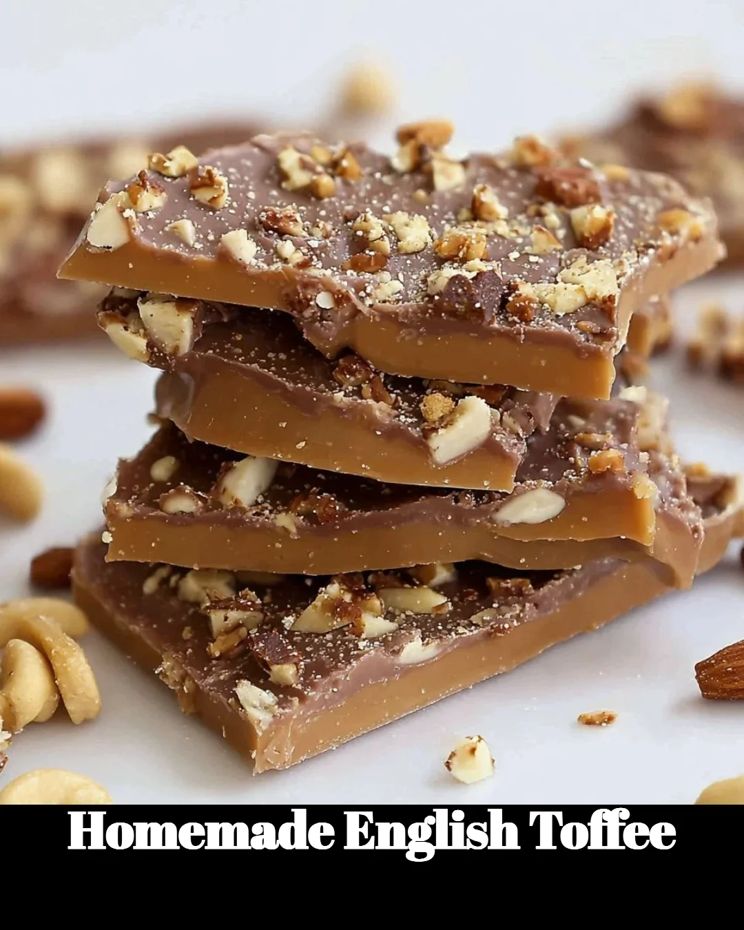 Delicious homemade English toffee with chocolate and nuts on a wooden surface