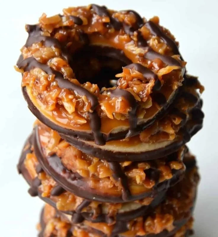 Homemade Samoas cookies made with chocolate and coconut.