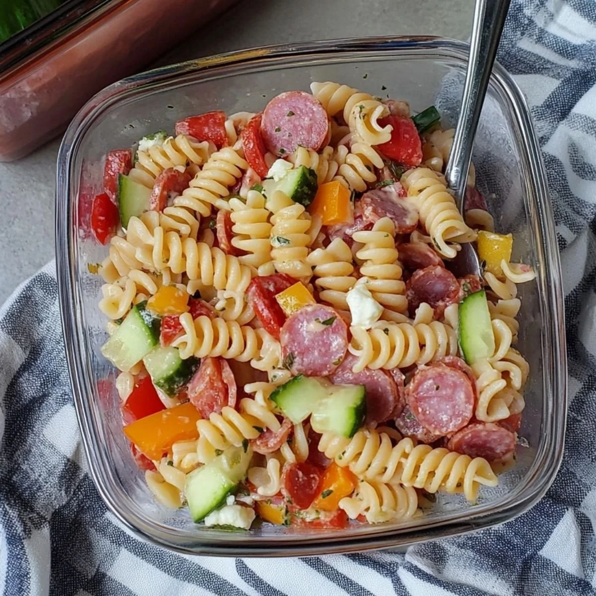 Colorful Italian Pasta Salad with fresh vegetables and herbs