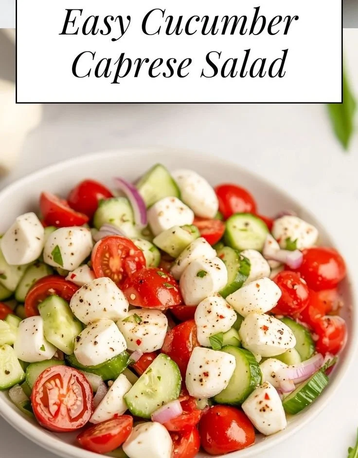Juicy Cucumber Caprese Salad with mozzarella and basil on a plate