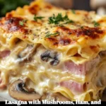 Delicious lasagna with layers of mushrooms, ham, and melted cheese