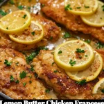 Lemon Butter Chicken Francese served with fresh herbs and lemon slices.