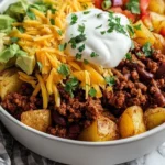 Loaded Potato Taco Bowl topped with ingredients and served in a bowl