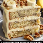 Luscious Walnut Banana Cream Cake topped with fresh cream and walnuts
